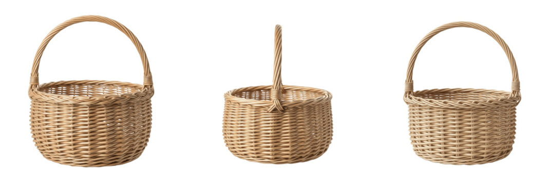 Empty Wicker Picnic Baskets Set, Realistic Natural Wood Weave Trays Isolated on Transparent PNG