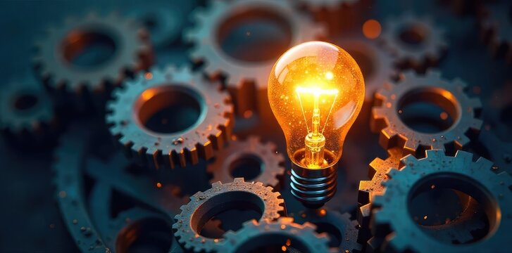 A lightbulb illuminates a complex network of interconnected gears, symbolizing the perfect synergy of brilliant ideas leading to successful innovation and problem-solving , progress, discovery