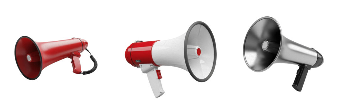 Megaphone and Bullhorn Set, Realistic Red, White, and Silver Loudspeakers Isolated on Transparent PNG
