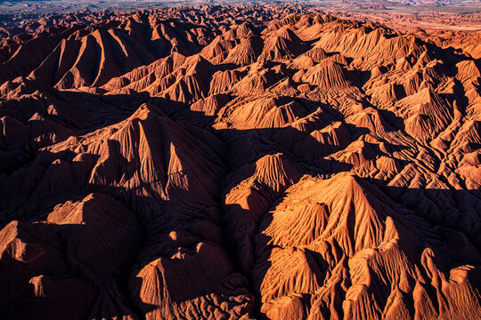 Eroded peaks of red clay, Labyrinth desert, Puna, Salta, Argentina