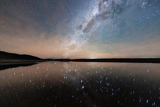 Milky Way and stars reflected in a salt pond at Ojos del Mar, Tolar Grande, Argentina
