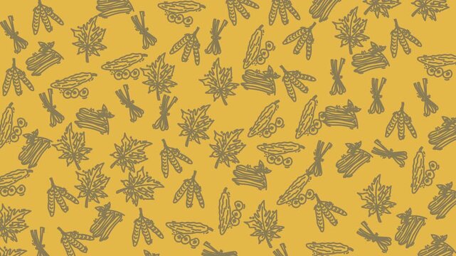Seamless autumn spice pattern featuring cinnamon sticks star anise and maple leaves on a warm mustard background ideal for packaging textiles backgrounds and seasonal design projects.