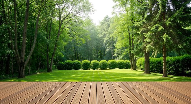 A serene backyard garden with a wooden deck surrounded by lush greenery and tall trees