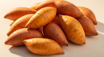Pile of fresh raw sweet potatoes on light surface