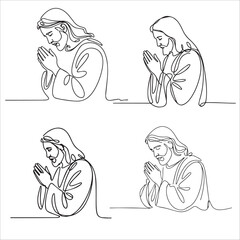 A collection of four minimalist single-line drawings of Jesus in prayer, Christian religious vector illustrations.