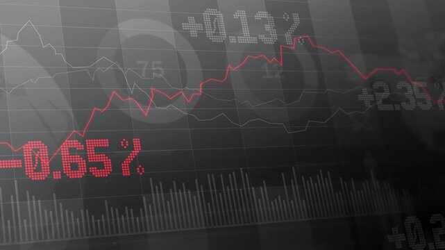 Abstract grayscale cryptocurrency trading dashboard with falling and rising red candlestick lines, bitcoin exchange statistics, USDT market data, futures arbitrage charts, digital technology interface