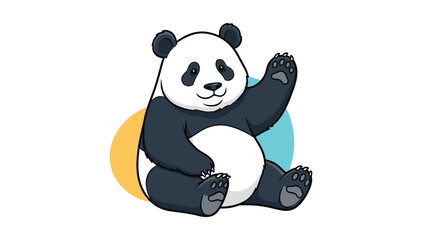 Obraz premium Cute giant panda character sitting and waving its paw in friendly greeting against background of colorful soft shapes.