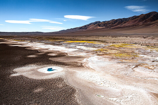 Saline ponds in the high-altitude desert of Ojos del Mar, Tolar Grande, Salta, Argentina