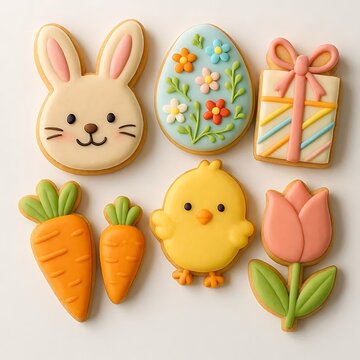 realistic decorated cookies including smiling bunny face, decorated egg, carrot, baby chick, tulip, and gift box shape, colorful icing with stripes, polka dots, and floral motifs