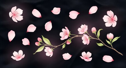 Pink cherry blossom branch with scattered petals on dark background