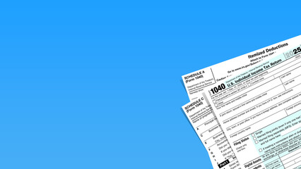 US tax forms including 1040 are displayed against a vibrant blue background