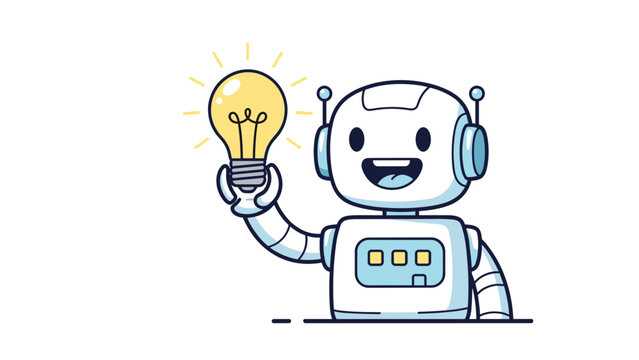 Happy white robot holding a glowing yellow lightbulb symbolizing creativity, innovation, and bright new ideas.