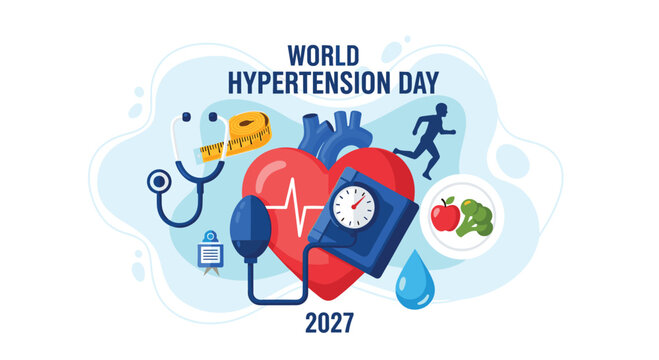 Promotional graphic for World Hypertension Day 2027 showcasing heart care, blood pressure checks, and a healthy lifestyle.
