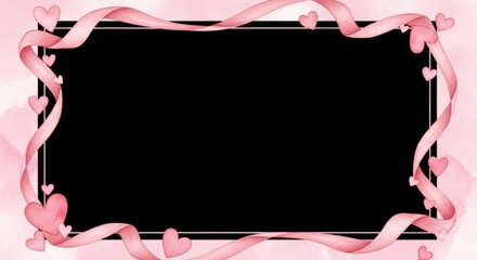 Pink ribbon and hearts frame on watercolor background with black space