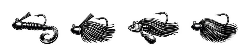 Obraz premium Fishing lures flat vector icons set. angling equipment and bait symbols in monochrome