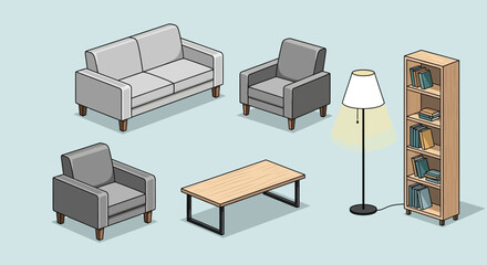 Furniture set with sofa armchairs coffee table bookshelf and lamp on light blue background modern living room interior