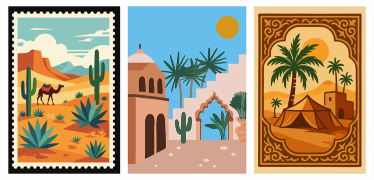 Set of three vintage desert travel posters. Retro illustration of camels, oasis, and arabic architecture in postage stamp style
