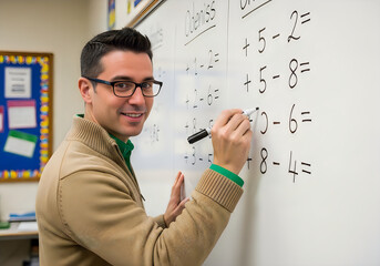 A man writing math problems on a whiteboard