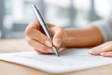 Close up of a woman's hand signing a document with a silver pen, focusing on the pen tip and signature process on a light wooden desk surface.
