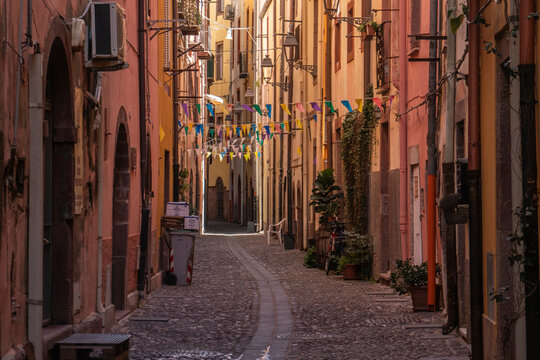 Narrow streets in the town of Bosa, Sardinia, Italy, Europe