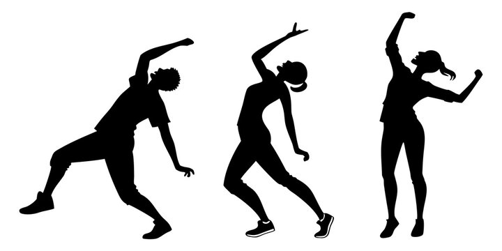 Three silhouettes demonstrating different yoga poses in a sequence Vector