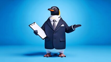 Anthropomorphic Penguin Business Executive Holding Clipboard in Playful Corporate Leadership Concept