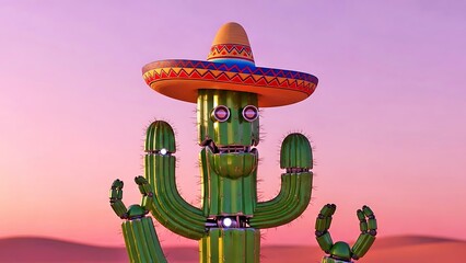 Anthropomorphic Robotic Cactus Wearing Traditional Sombrero in Desert Sunset for Playful Mexican Culture and Technology Concept