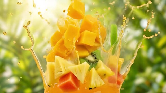 Dynamic splash of fresh tropical fruits (mango, kiwi, pineapple) falling into vibrant juice, sunny nature background.
