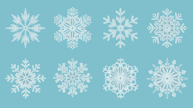 Beautiful collection of white snowflake icons with different intricate crystalline patterns on a soft blue background.