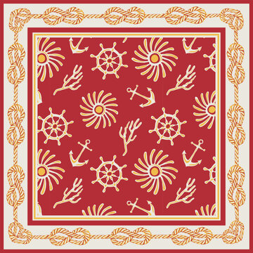Silk scarf design with, rope, ship wheel, lighthouse, anchor, compass, marine elements. Nautical frame, travel concept pattern.