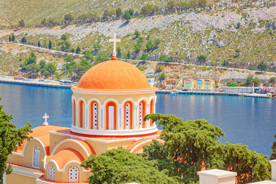 Church of Evangelismos (also known as Annunciation Church) dome, Gialos, Symi Island, Dodecanese Islands, Greece