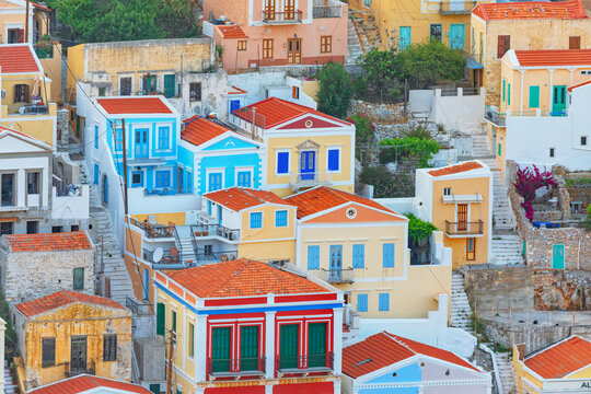Colourful houses, Gialos, Symi Island, Dodecanese Islands, Greece