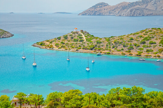 Panormitis bay, high angle view, Panormitis, Symi Island, Dodecanese Islands, Greece