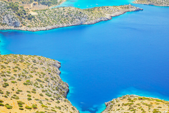 View over Panormitis bay, Panormitis, Symi Island, Dodecanese Islands, Greece