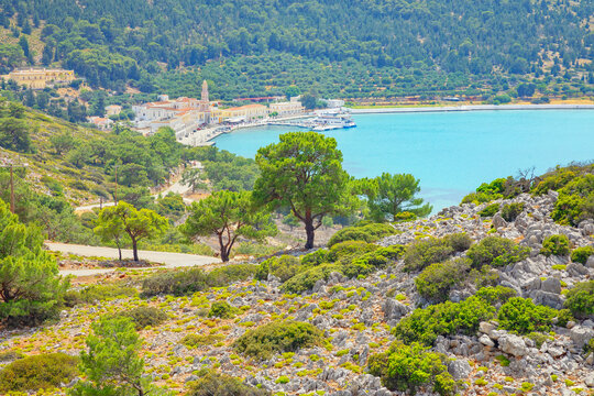 View over Panormitis bay, Panormitis, Symi Island, Dodecanese Islands, Greece