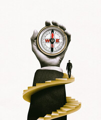 A businessman climbs a spiral staircase that wraps around a hand with a compass.
