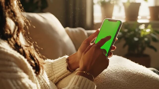 Green Screen vertical feminine hand scrolling feed on smartphone with mock up display female resting at home and checking social media mobile device close over the shoulder footage scene 1 distortion