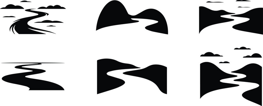 Set of Minimalist black river flowing silhouette vector icon