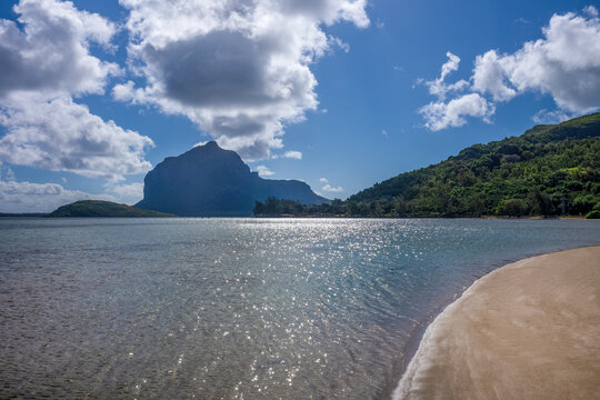 The iconic rock of Le Morne Brabant, a World Heritage site at the south western tip of the exotic island of Mauritius in the Indian Ocean