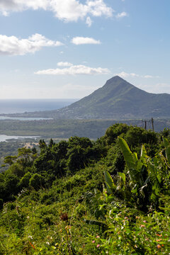 View of Tamariln Mountain and the dramatic coastline from Chamarel on the exotic island of Mauritius in the Indian Ocean