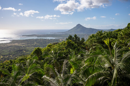 View of Tamariln Mountain and the dramatic coastline from Chamarel on the exotic island of Mauritius in the Indian Ocean
