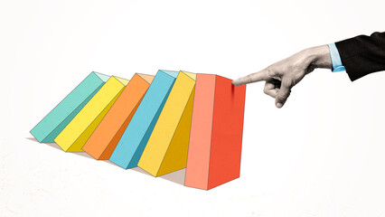 Conceptual image of businessman hand preventing domino effect. Symbol of risk management, leadership, economic stability, problem solving and business protection strategy.