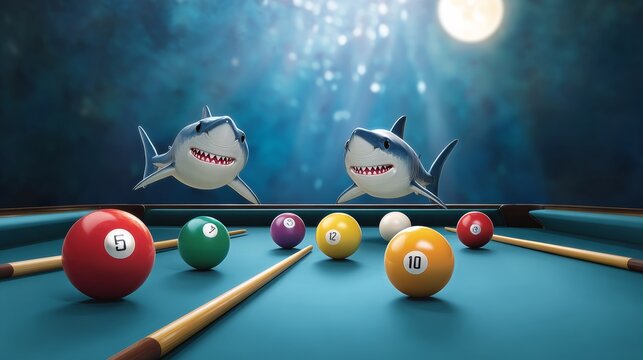 Two sharks are swimming in the water and are about to attack a pool table. The pool table has nine balls, including a red one, and two pool sticks