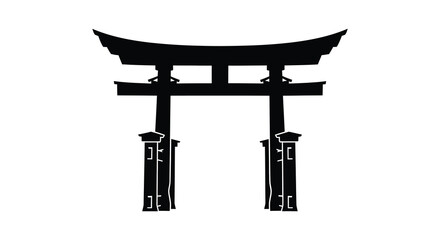 A striking black torii gate stands prominently against a white background creating a bold silhouette high quality professional © jivect02