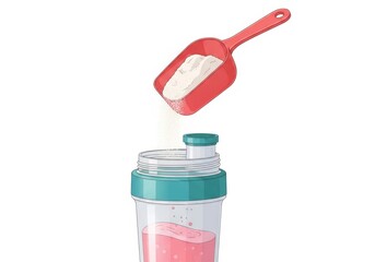 Pouring white powder from red scoop into shaker bottle
