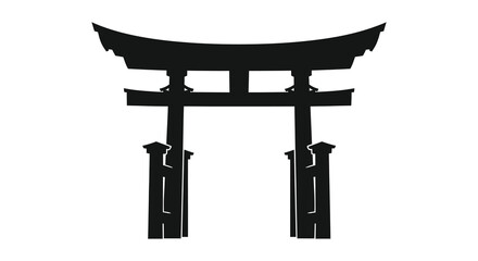 A striking black torii gate stands prominently against a white background showcasing traditional japanese architecture silhouette high quality © jivect02