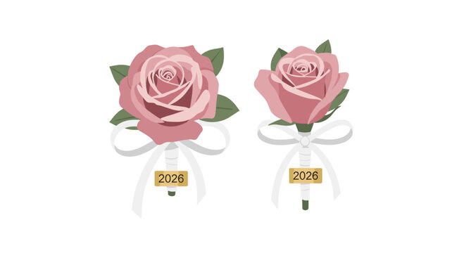 Two single pink rose boutonnieres are adorned with white ribbons and small 2026 tags, ready for an event.