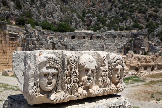 Lycian Rock Sculpture, 4th Century BC (foreground), Roman Theater, 3rd Century CE, (background), Myra Ancient City, Demre, Antalya, Turkey
