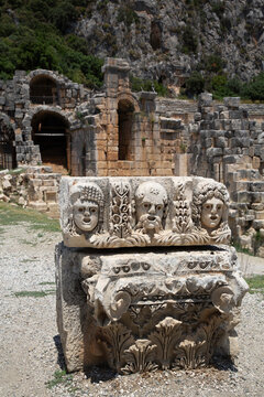 Lycian Rock Sculpture, 4th Century BC (foreground), Roman Theater, 3rd Century CE, (background), Myra Ancient City, Demre, Antalya, Turkey