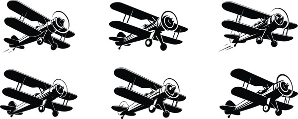 Set of Minimalist black biplane flying classic aircraft silhouette vector icon © Vector.com